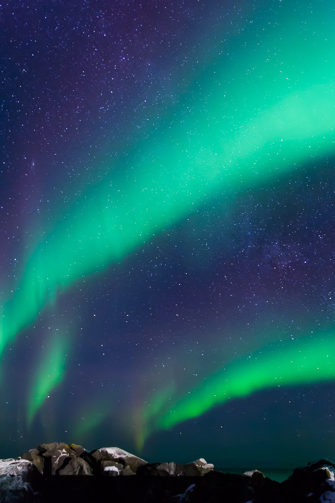 Nordlicht über dem hafenort Laukvik, Lofoten